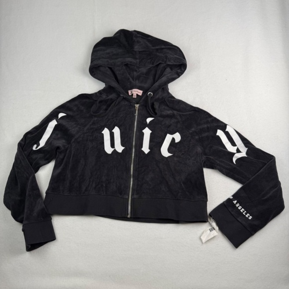 Juicy Couture Black Velour Cropped‎ Hoodie Gothic Logo Zip Up Sweatshirt Medium